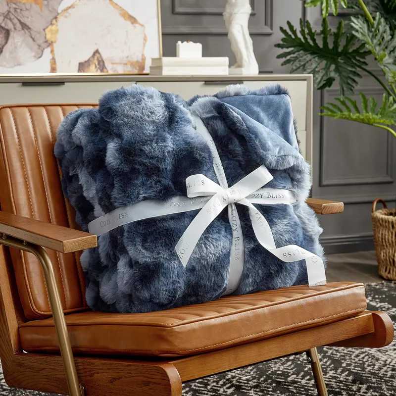 Blue tie-dye faux rabbit fur blanket with gift ribbon