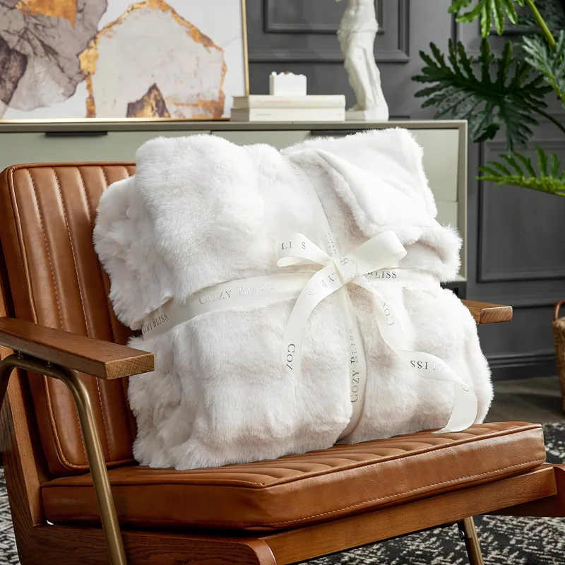 Ivory white faux rabbit fur blanket with gift ribbon