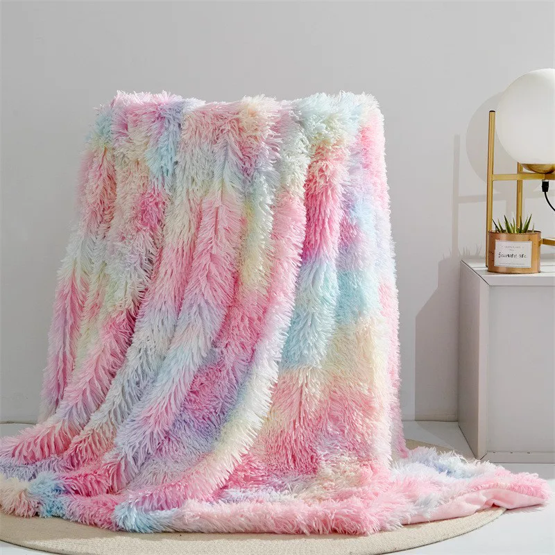 Rainbow pastel long-pile faux fur throw blanket