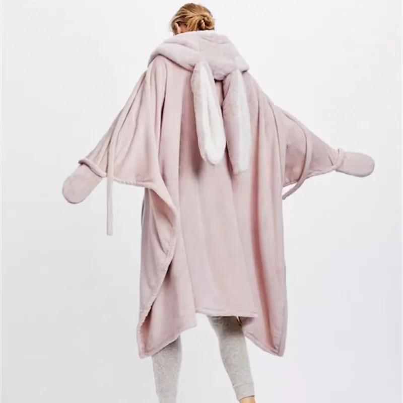 Pink bunny-ear hooded wearable blanket