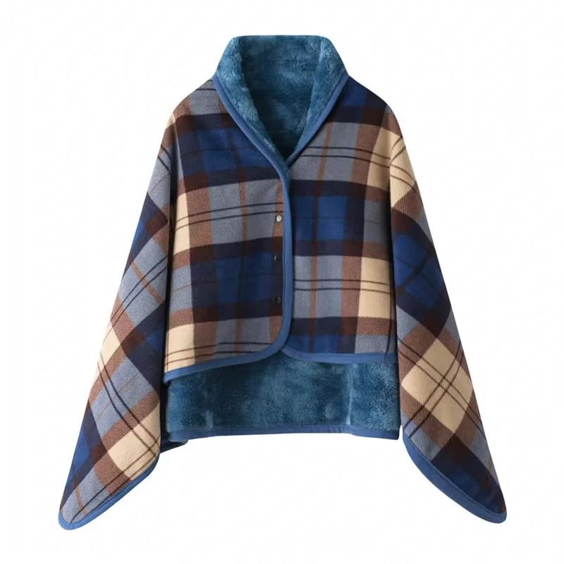 Blue and brown check plaid button poncho blanket