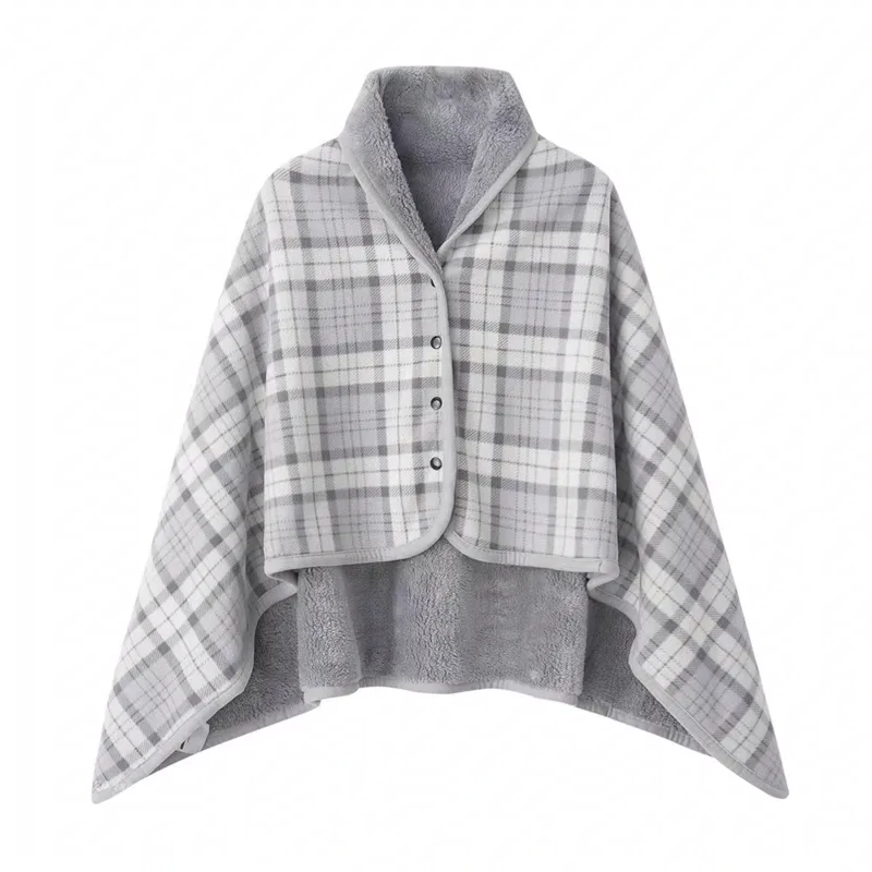 Classic gray tartan plaid button poncho blanket