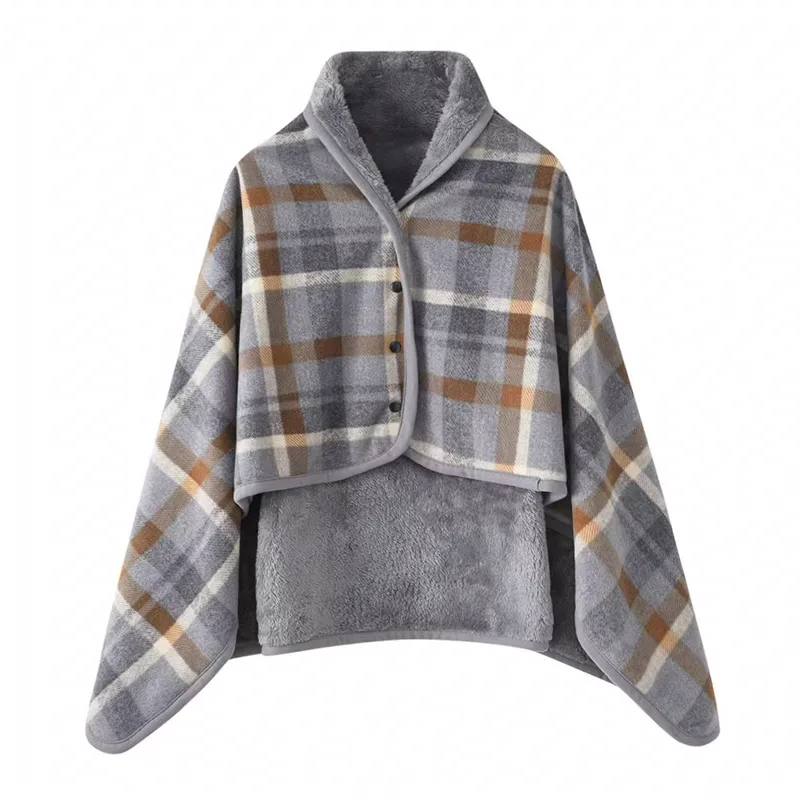 Navy and brown check plaid button poncho blanket