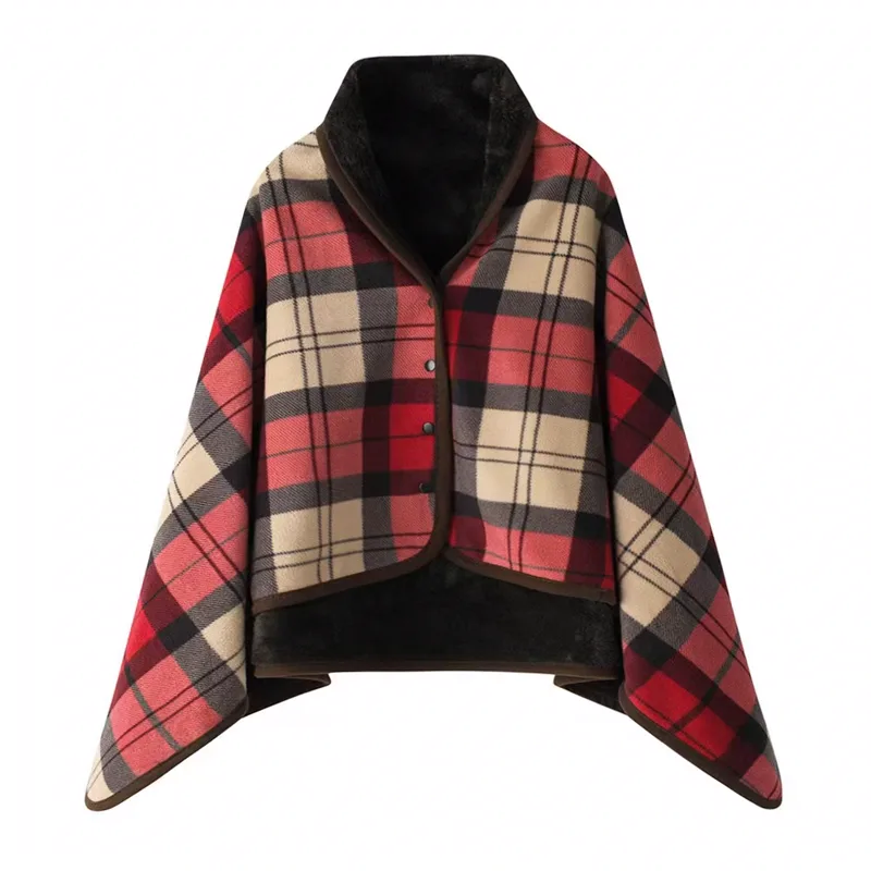 Red tartan plaid button poncho blanket with sherpa lining