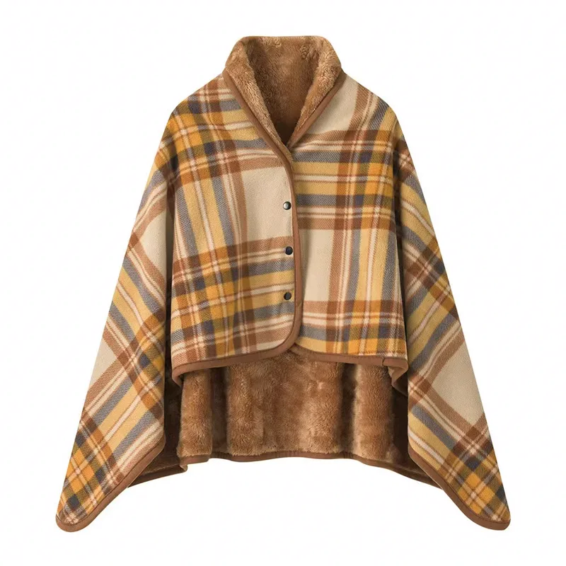 Navy striped button poncho blanket with sherpa lining